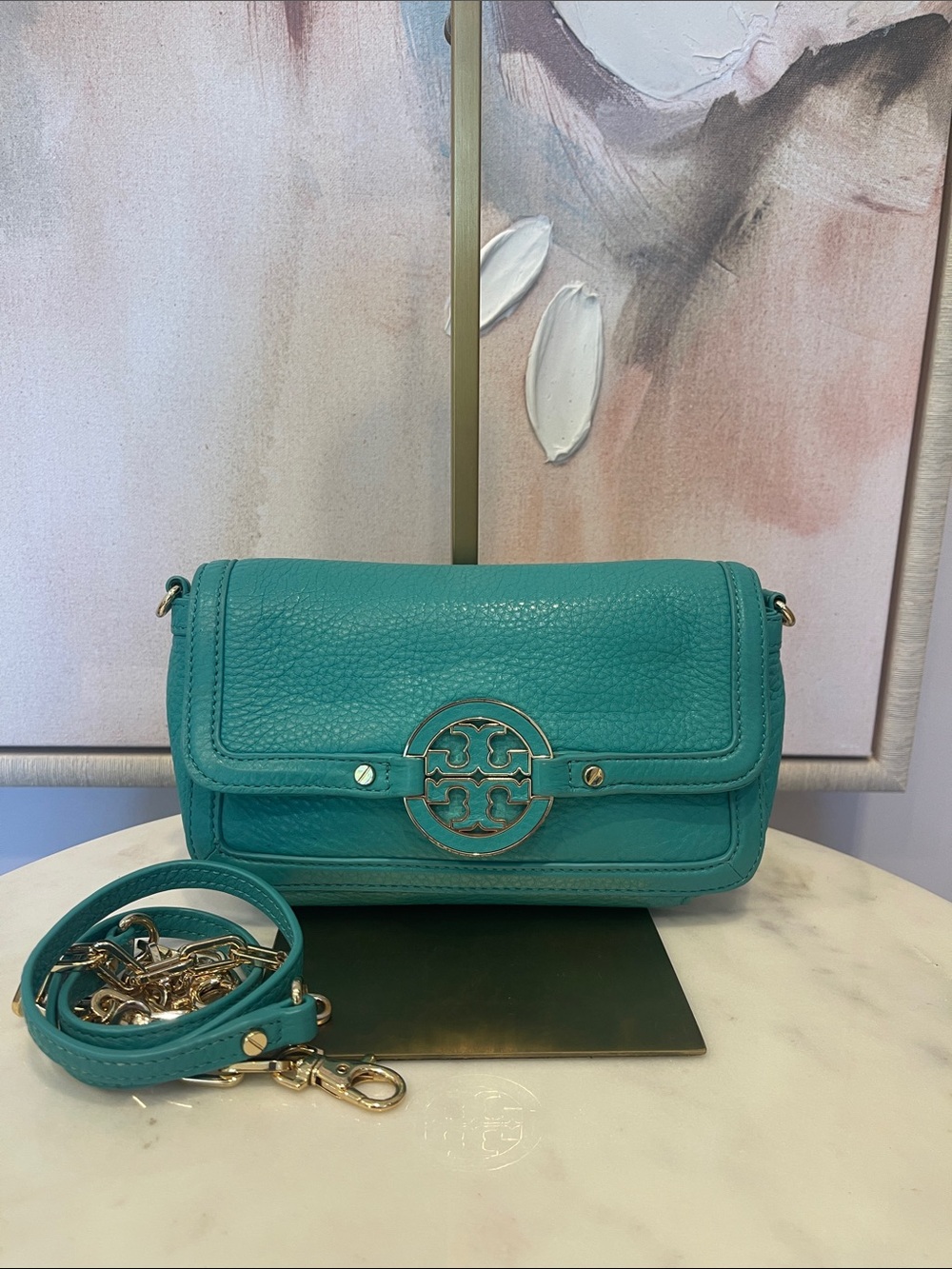 Tory Burch Teal Pebbled Leather Logo Crossbody